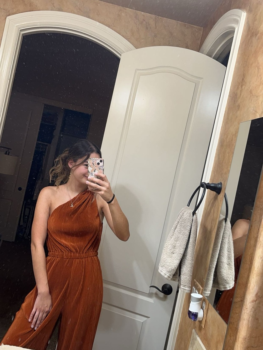 Pink Lily One-Shoulder Rust Orange Jumpsuit